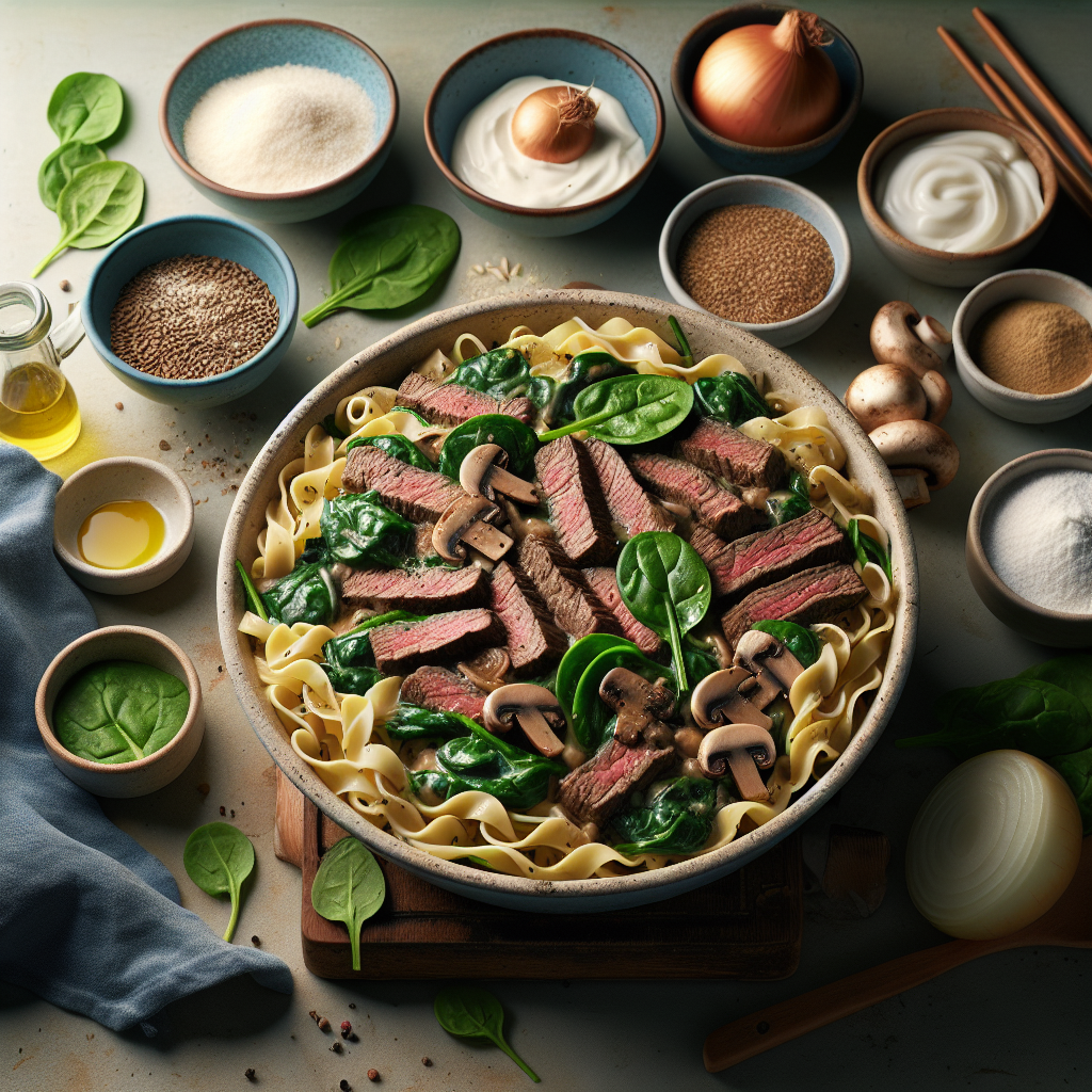 One-Pot Creamy Beef & Spinach Stroganoff with Whole Wheat Noodles