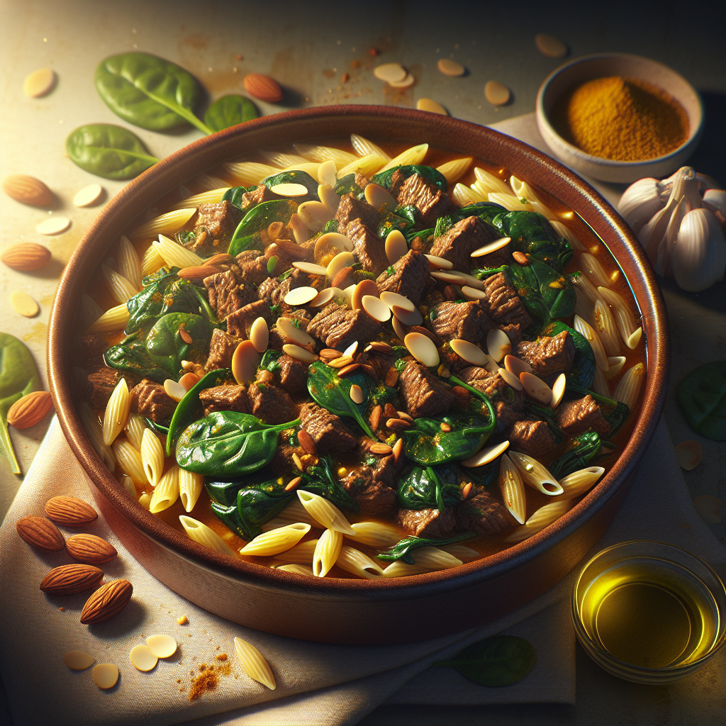 One-Pot Curried Beef & Spinach Orzo with Toasted Almonds (20-Minute Recipe)