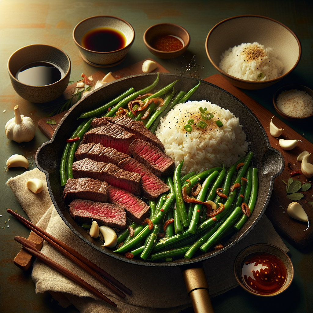 One-Pot Garlic-Chili Beef & Green Bean Skillet with Jasmine Rice