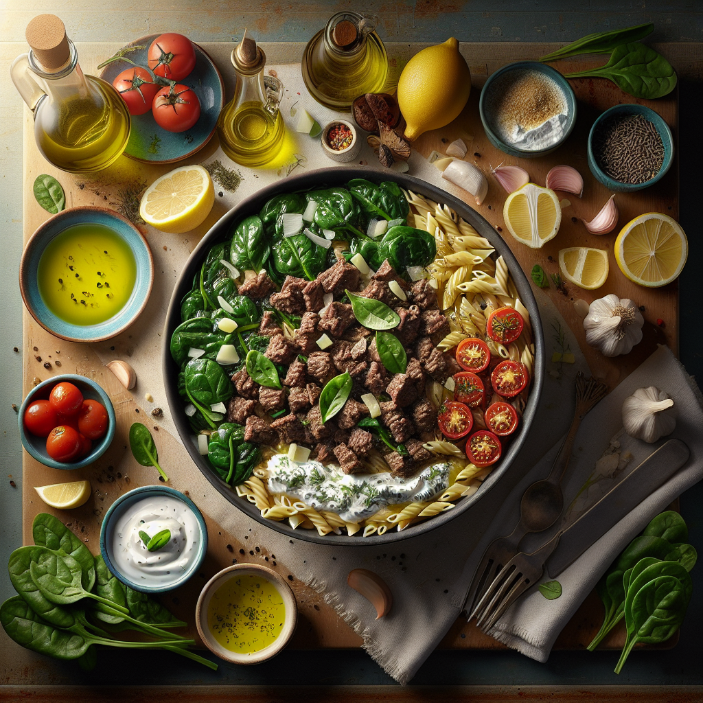 One-Pot Greek Beef & Spinach Orzo with Lemon-Dill Yogurt Sauce