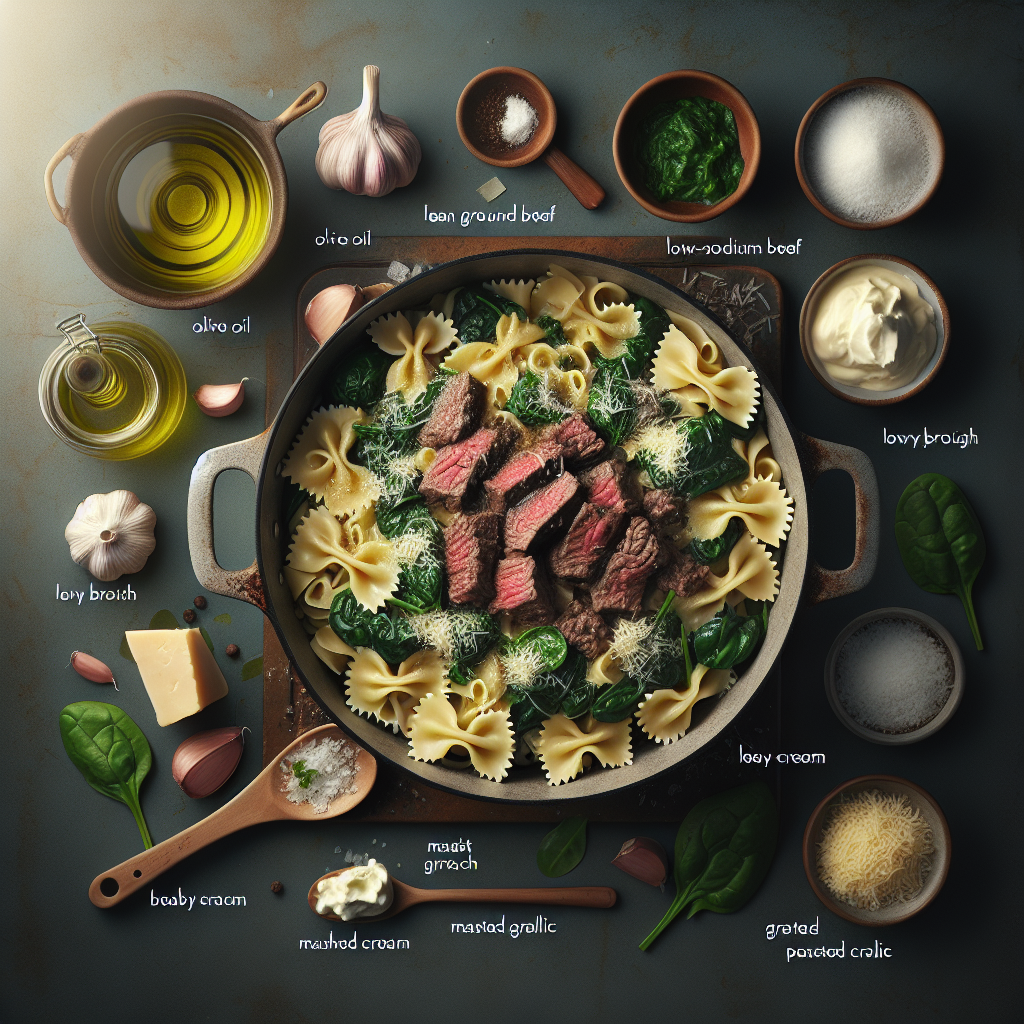 One-Pot Italian Beef & Spinach Farfalle with Roasted Garlic Cream