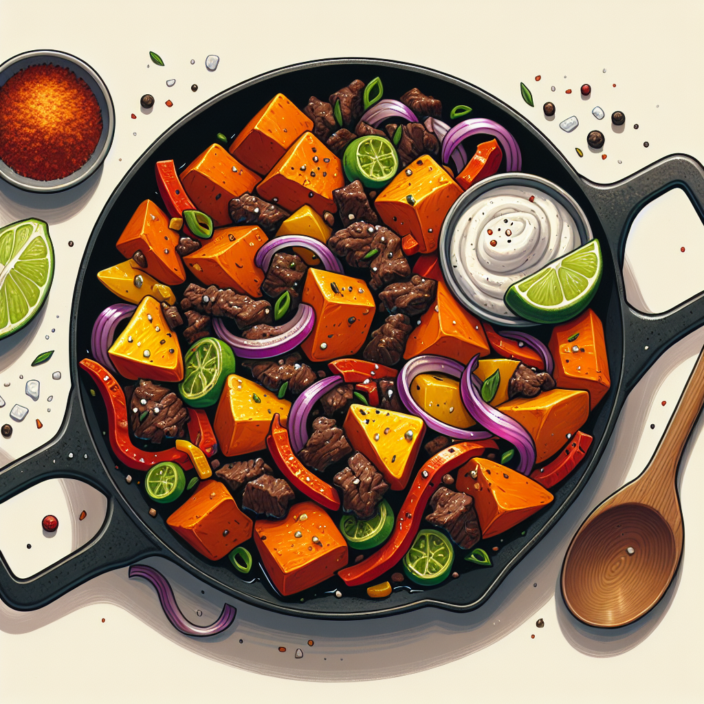 One-Pot Jamaican Jerk Beef & Sweet Potato Skillet with Lime Crema