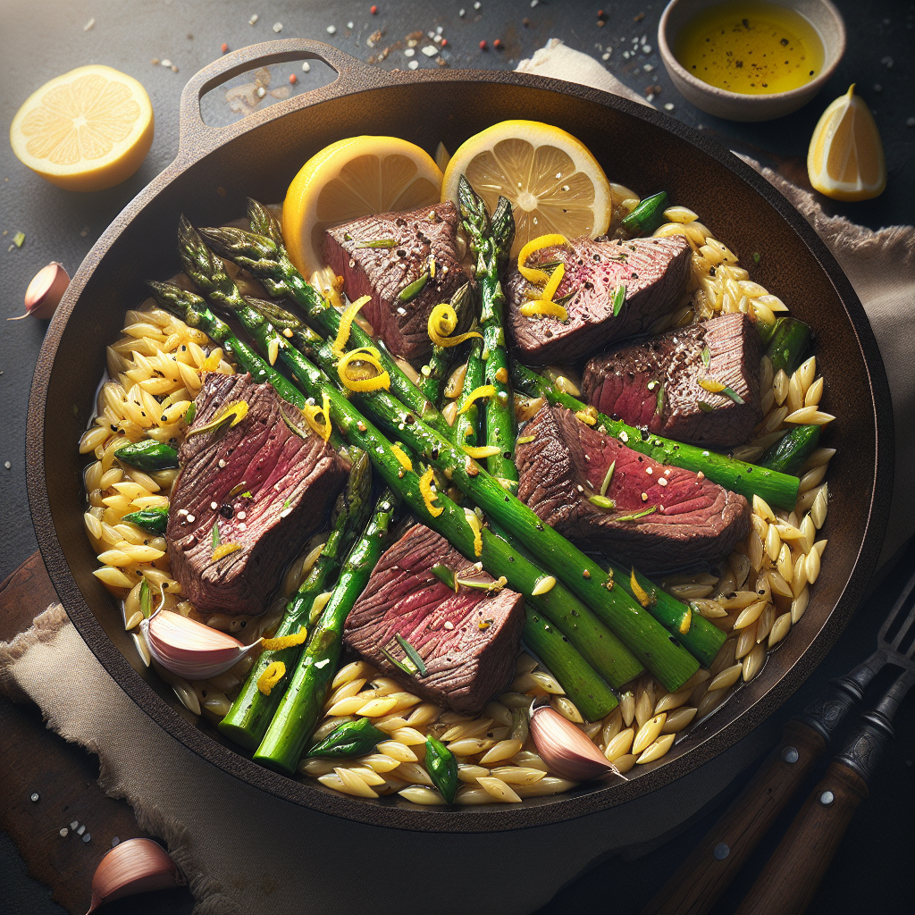 One-Pot Lemon-Garlic Beef & Asparagus Orzo Skillet (20-Minute Recipe)
