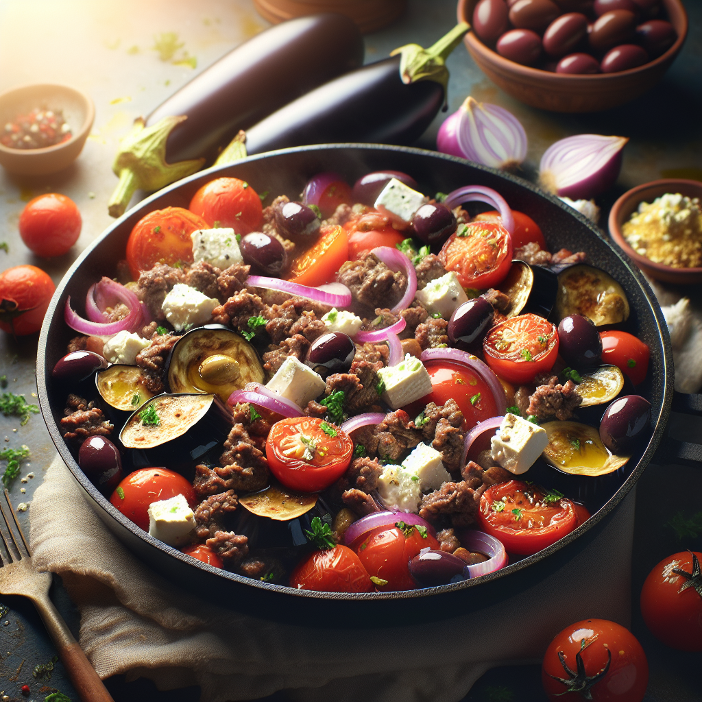 One-Pot Mediterranean Beef & Eggplant Skillet with Feta and Olives