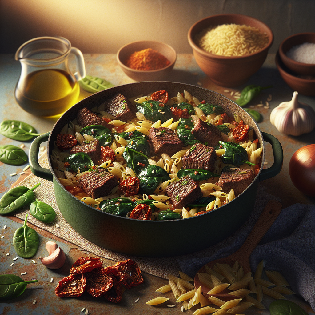 One-Pot Mediterranean Beef & Spinach Orzo with Sun-Dried Tomatoes