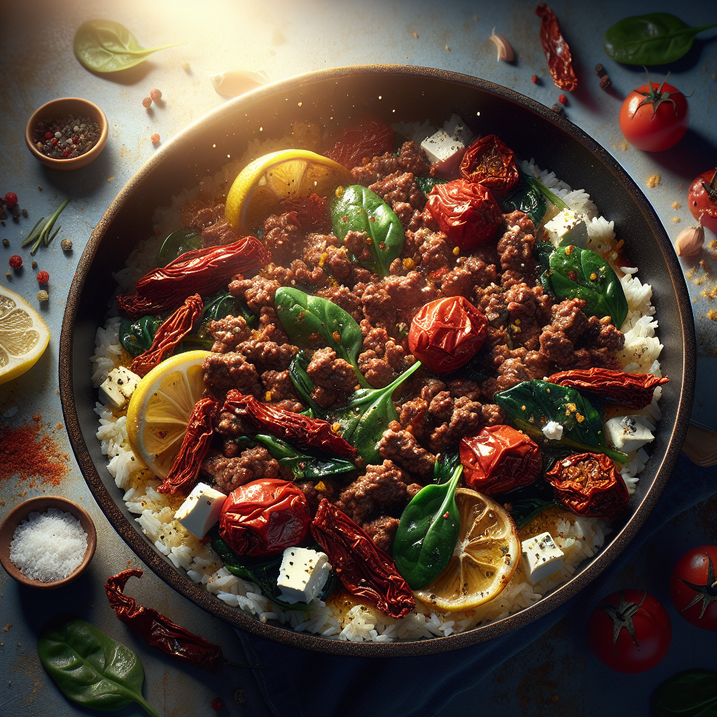 One-Pot Mediterranean Beef & Spinach Rice with Sun-Dried Tomatoes