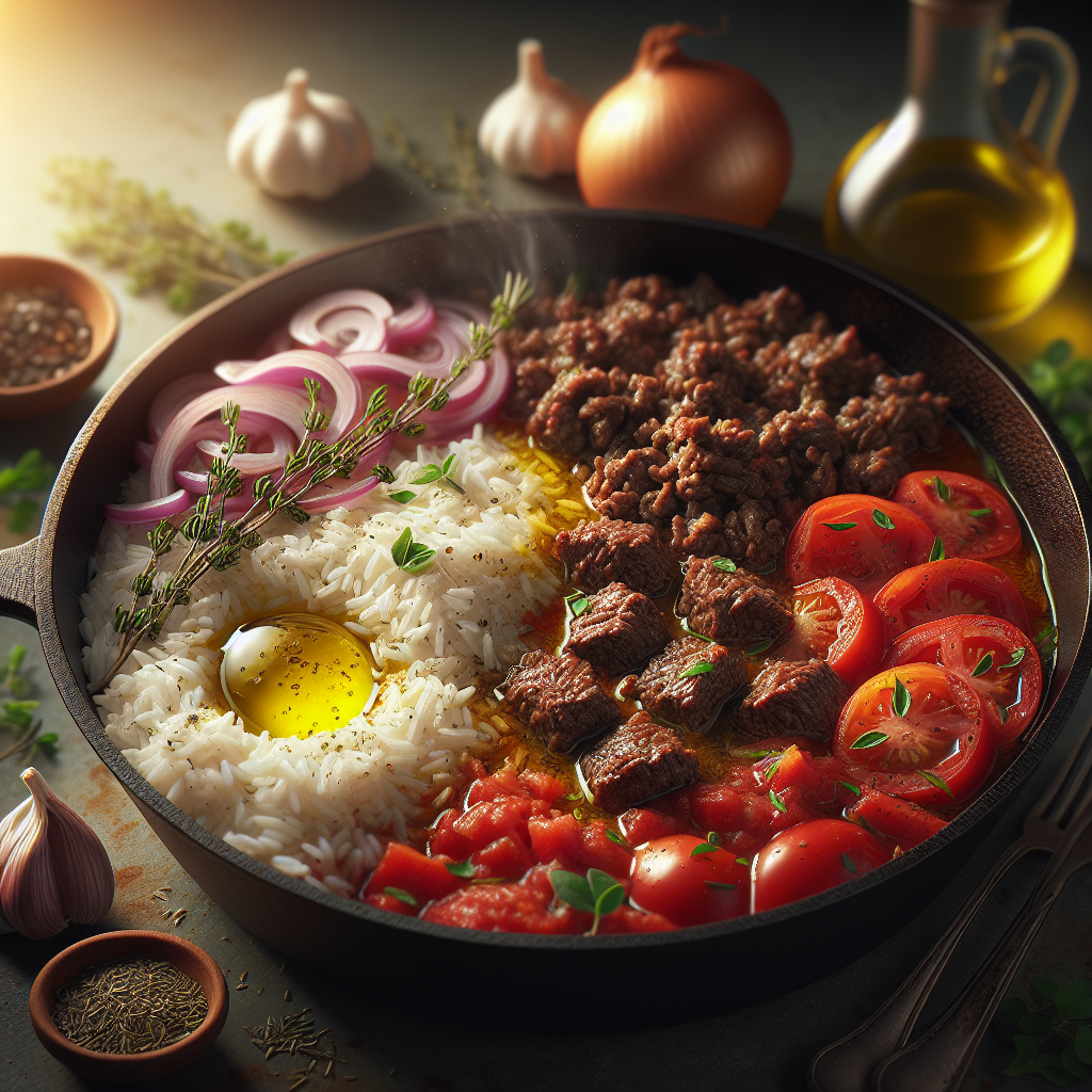 One-Pot Mediterranean Beef & Tomato Rice Skillet with Fresh Oregano