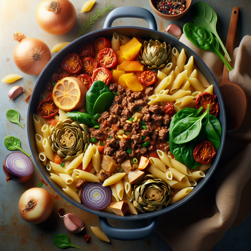 One-Pot Mediterranean Vegan 'Beef' & Artichoke Orzo with Lemon-Herb Drizzle
