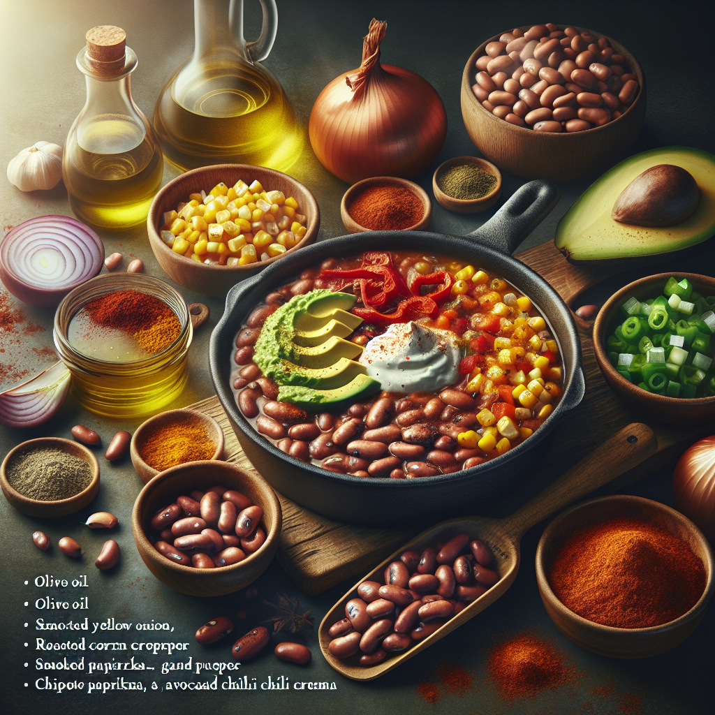One-Pot Smoky Pinto Bean & Roasted Corn Chili with Avocado Crema