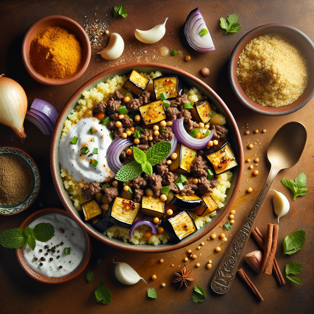 One-Pot Spiced Beef & Roasted Eggplant Couscous with Mint Yogurt Sauce