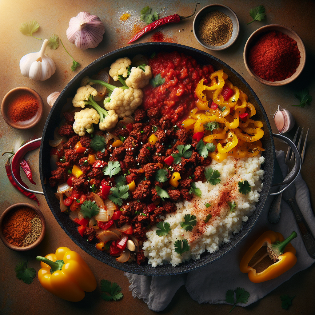 One-Pot Spicy Beef & Cauliflower Rice Skillet with Fresh Cilantro