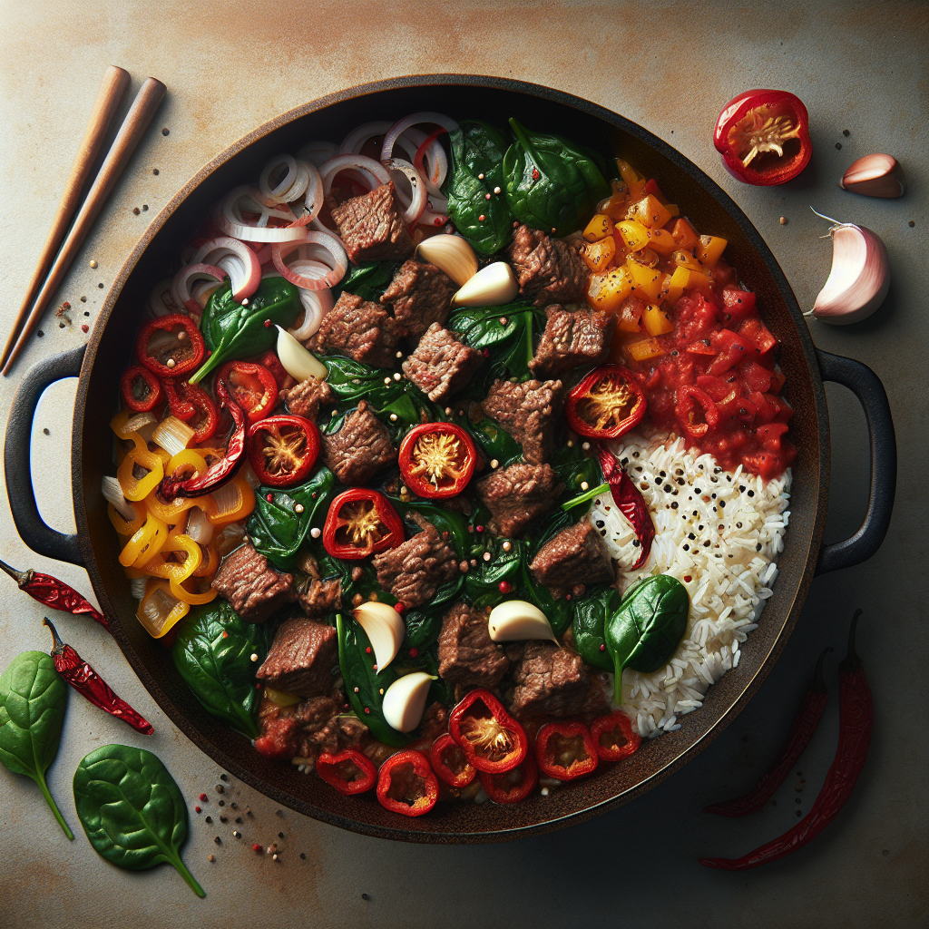 One-Pot Spicy Beef & Spinach Rice Skillet with Roasted Red Peppers