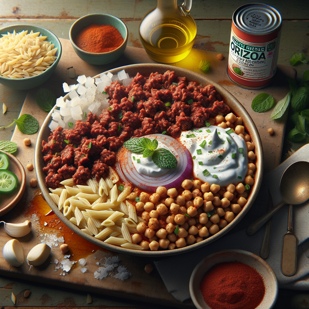 One-Pot Spicy Harissa Beef & Chickpea Orzo with Fresh Mint Yogurt