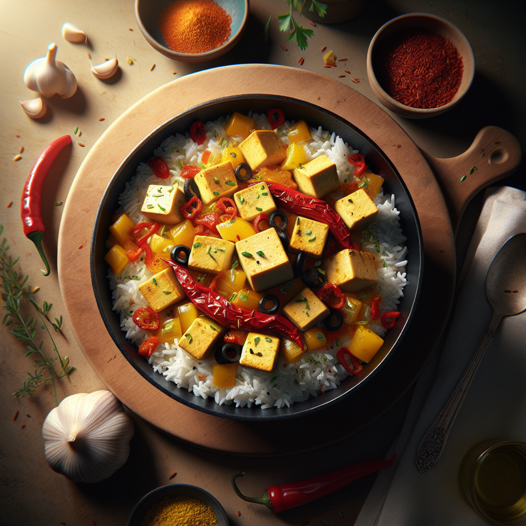 One-Pot Tofu and Saffron Rice with Roasted Red Pepper & Olive Tapenade (Gluten-Free, 30-Minute Recipe)