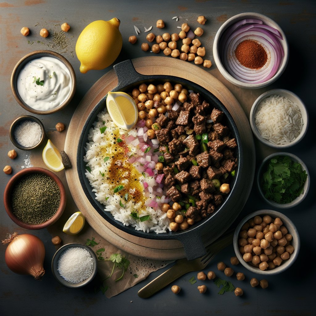 One-Pot Za’atar Beef & Chickpea Rice Skillet with Lemon Herb Yogurt