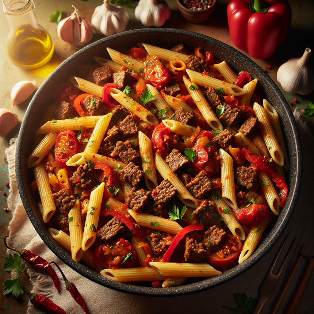One-Pot Zesty Beef & Red Pepper Penne with Fresh Parsley (20-Minute Recipe)