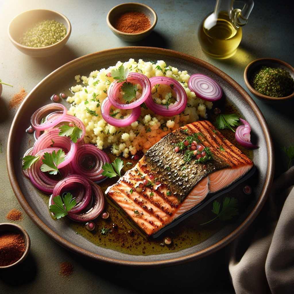 Pan-Roasted Sumac Salmon with Pickled Red Onion & Herb Couscous