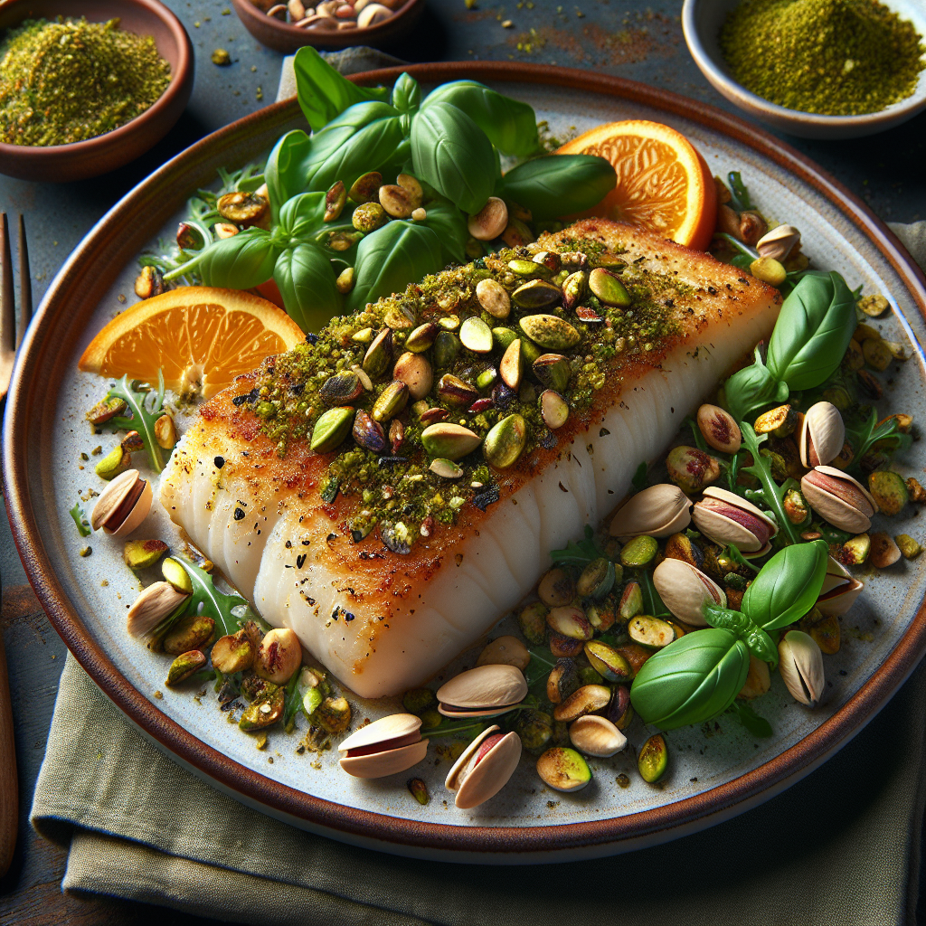 Pan-Seared Basil-Pistachio Crusted Halibut with Citrus Arugula Salad