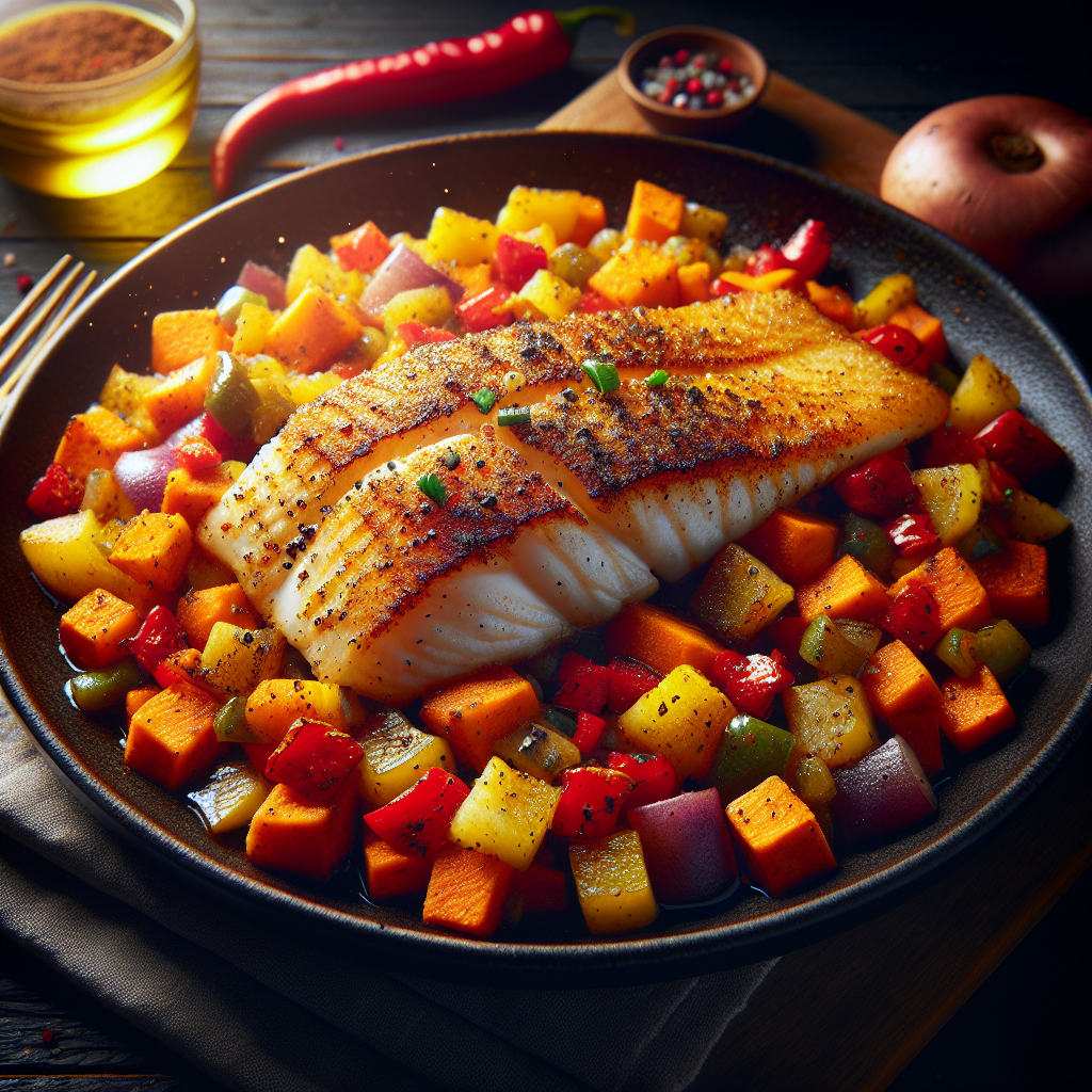 Pan-Seared Cajun Tilapia with Roasted Sweet Potato & Pepper Hash