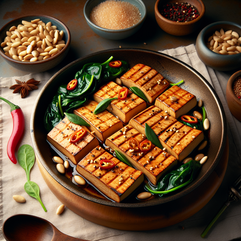 Pan-Seared Chili-Garlic Vegan Salmon with Sautéed Spinach & Toasted Pine Nuts (Air Fryer Recipe)