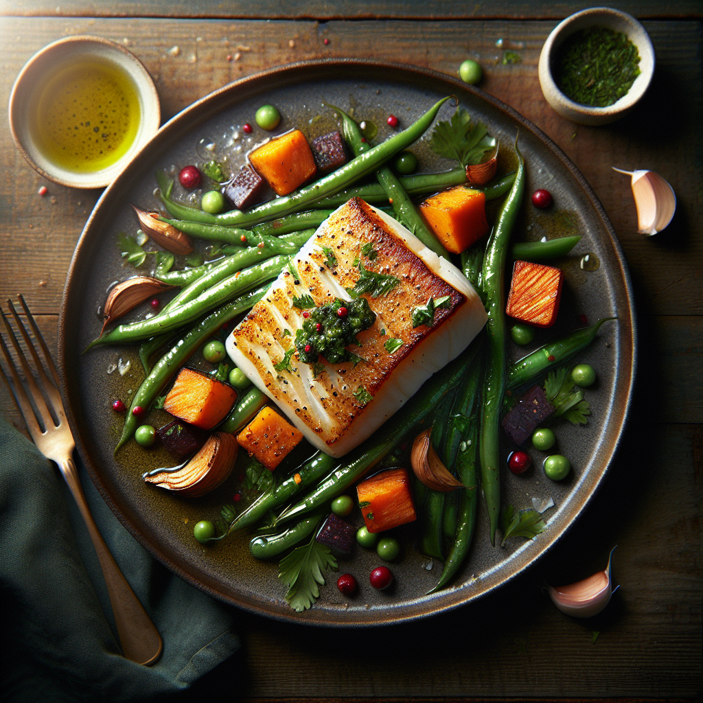 Pan-Seared Chimichurri Cod with Roasted Sweet Potato & Green Beans