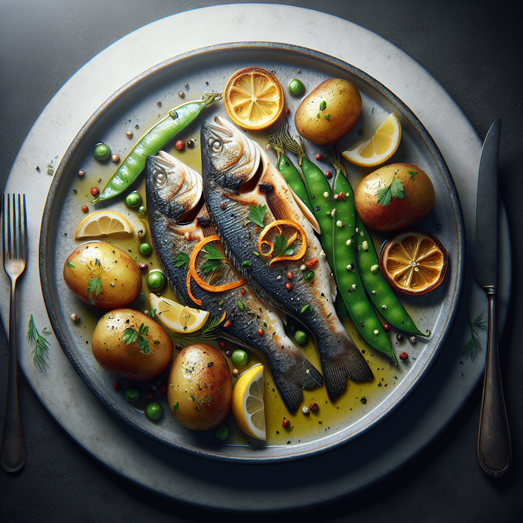 Pan-Seared Citrus-Herb Sea Bass with Roasted Baby Potatoes & Snap Peas