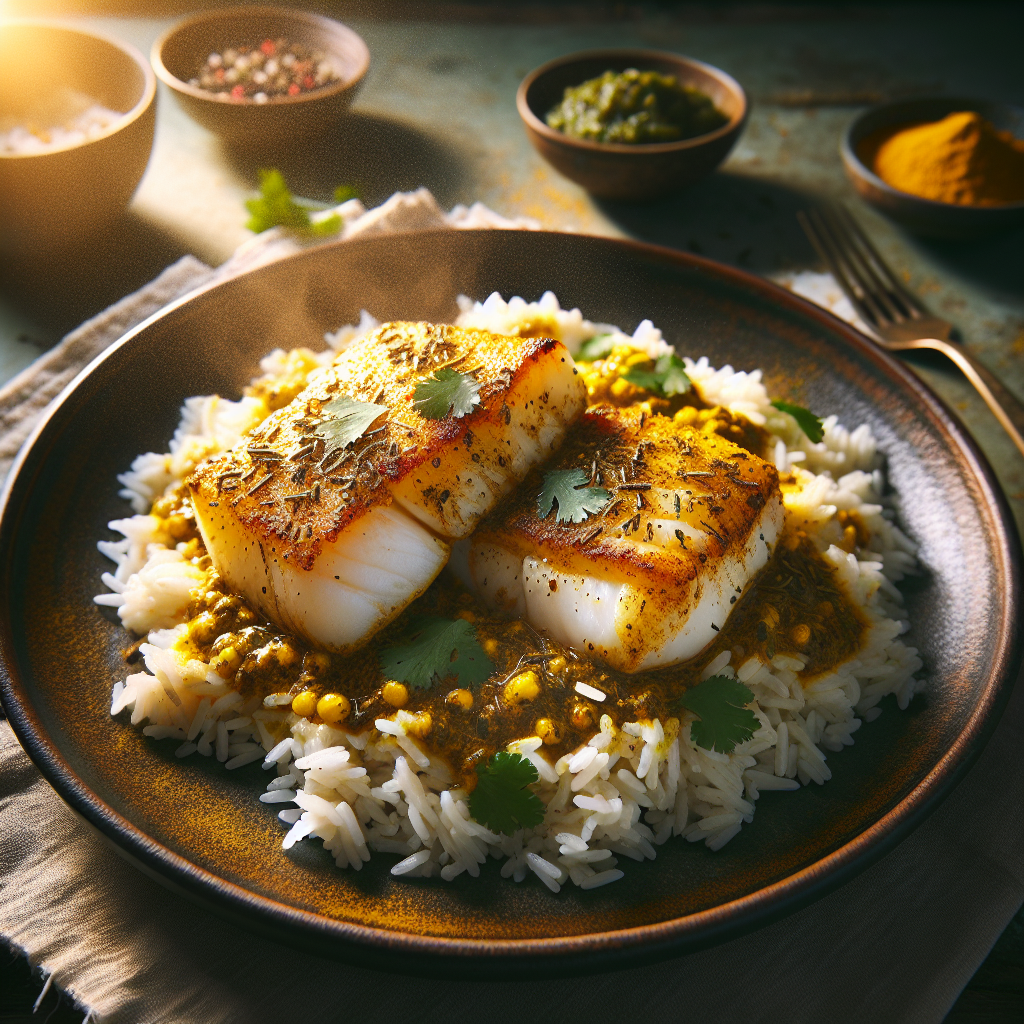 Pan-Seared Curry-Spiced Cod with Coconut Rice & Cilantro Chutney