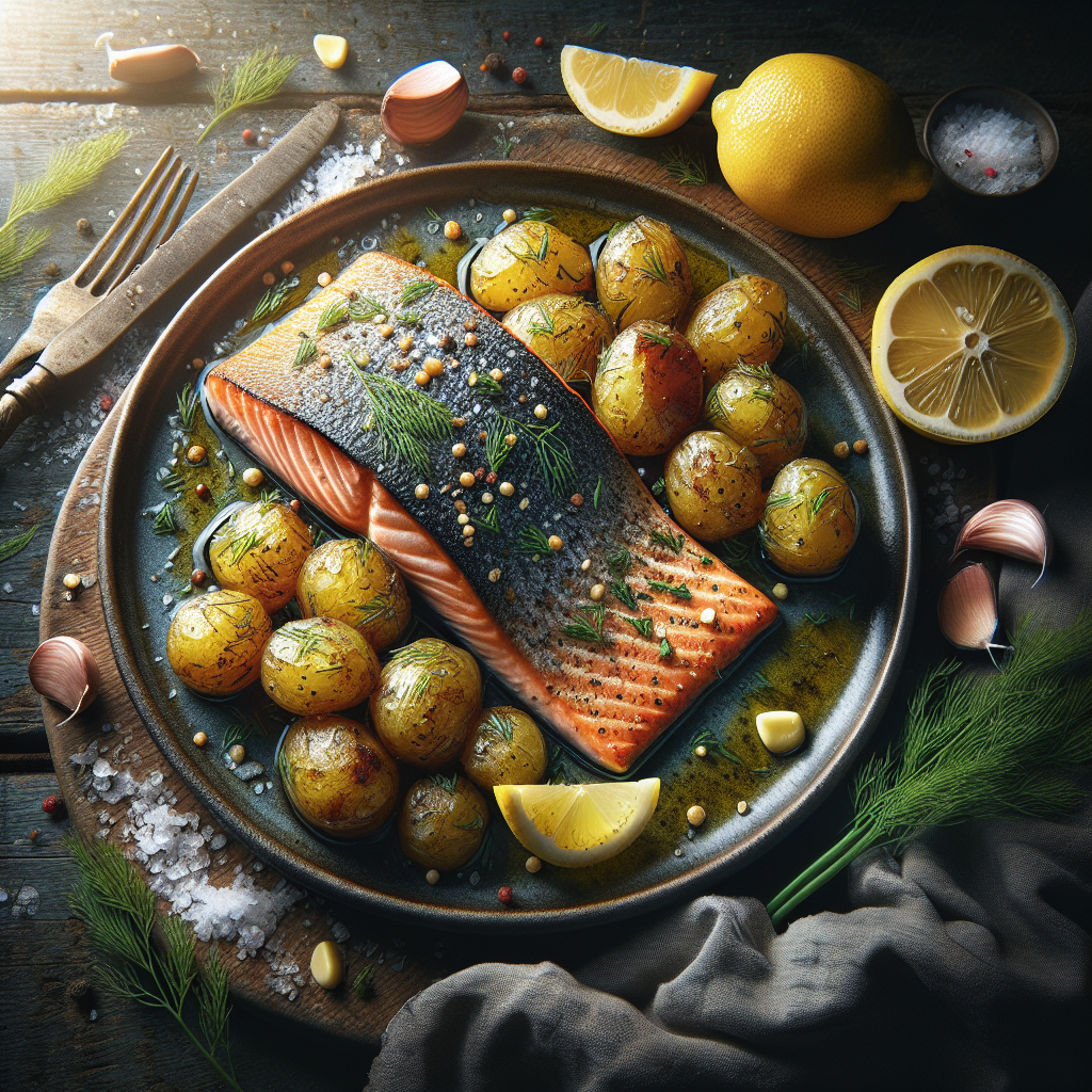 Pan-Seared Dill Salmon with Lemon-Garlic Roasted Baby Potatoes