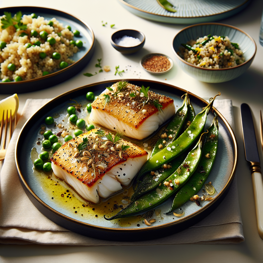 Pan-Seared Fennel-Crusted Cod with Lemon-Herb Quinoa & Snap Peas