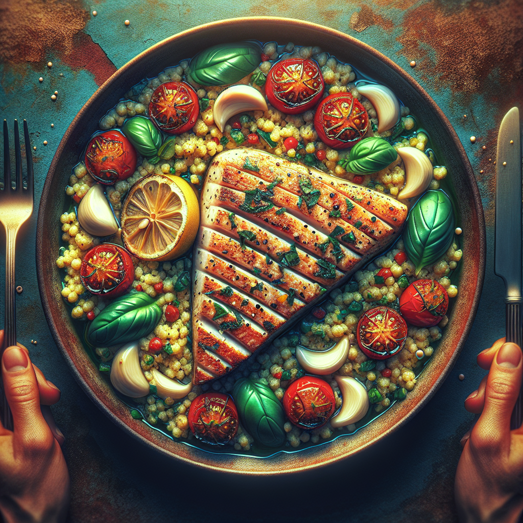 Pan-Seared Garlic-Basil Vegan 'Swordfish' with Roasted Cherry Tomato Couscous
