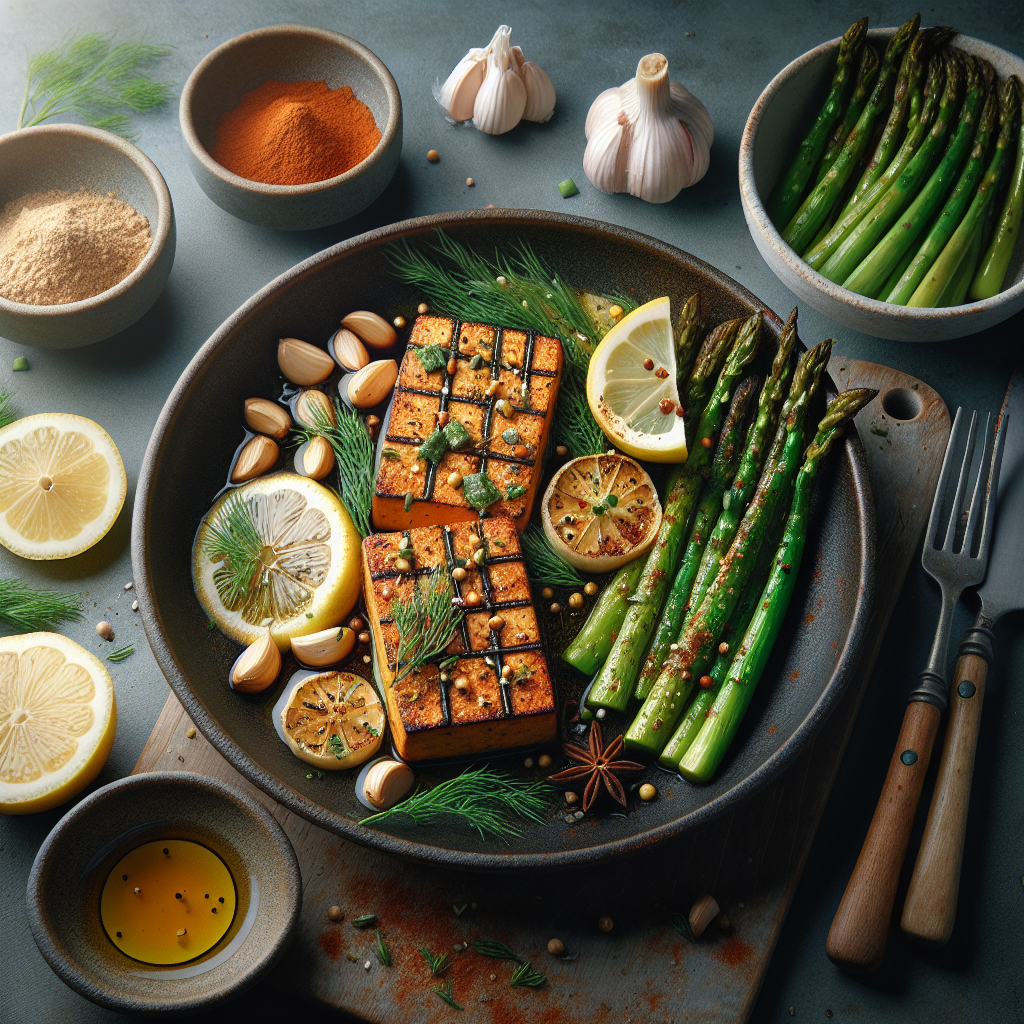 Pan-Seared Garlic-Dill Vegan Salmon with Roasted Asparagus & Lemon Wedges