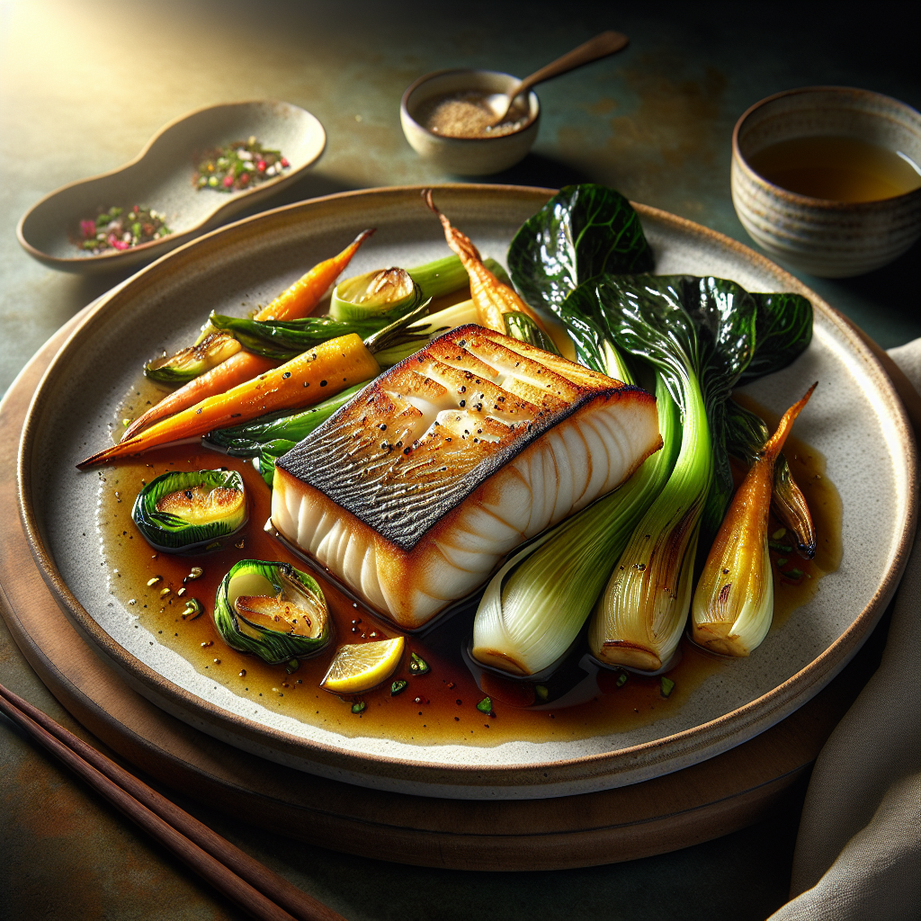 Pan-Seared Garlic-Ginger Halibut with Roasted Baby Bok Choy & Carrots