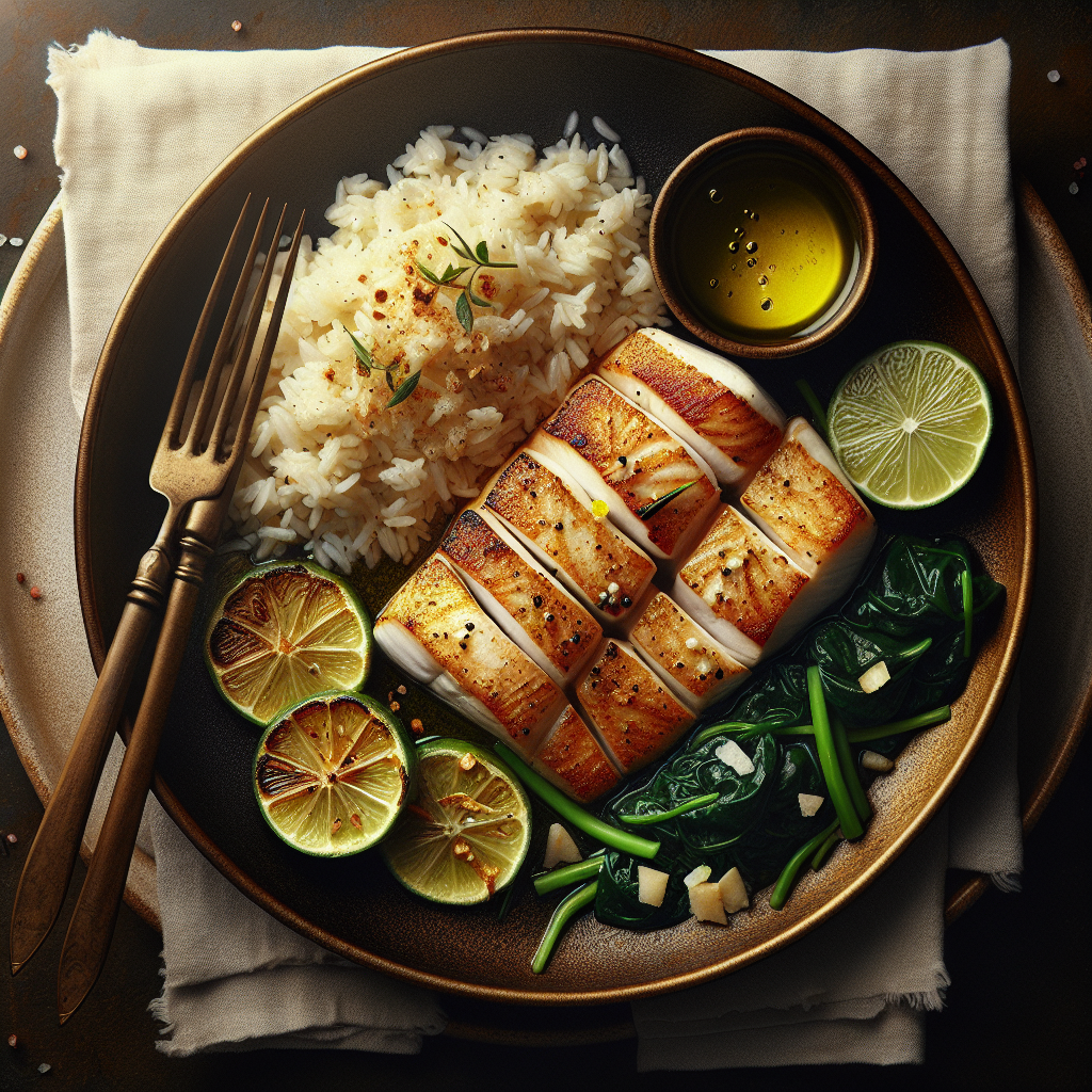 Pan-Seared Ginger-Lime Mahi-Mahi with Cilantro Rice & Sautéed Spinach