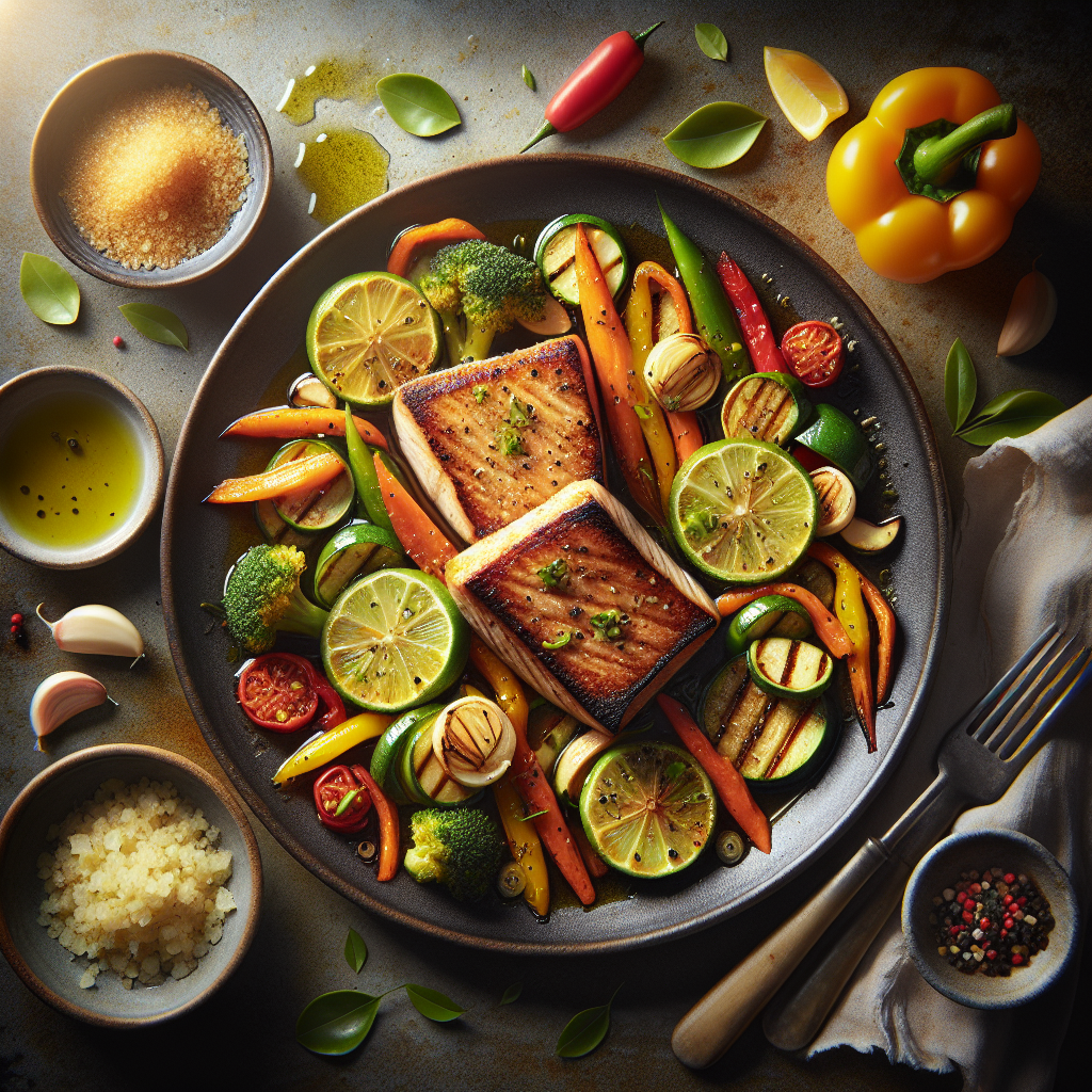 Pan-Seared Ginger-Lime Swordfish with Roasted Rainbow Vegetables