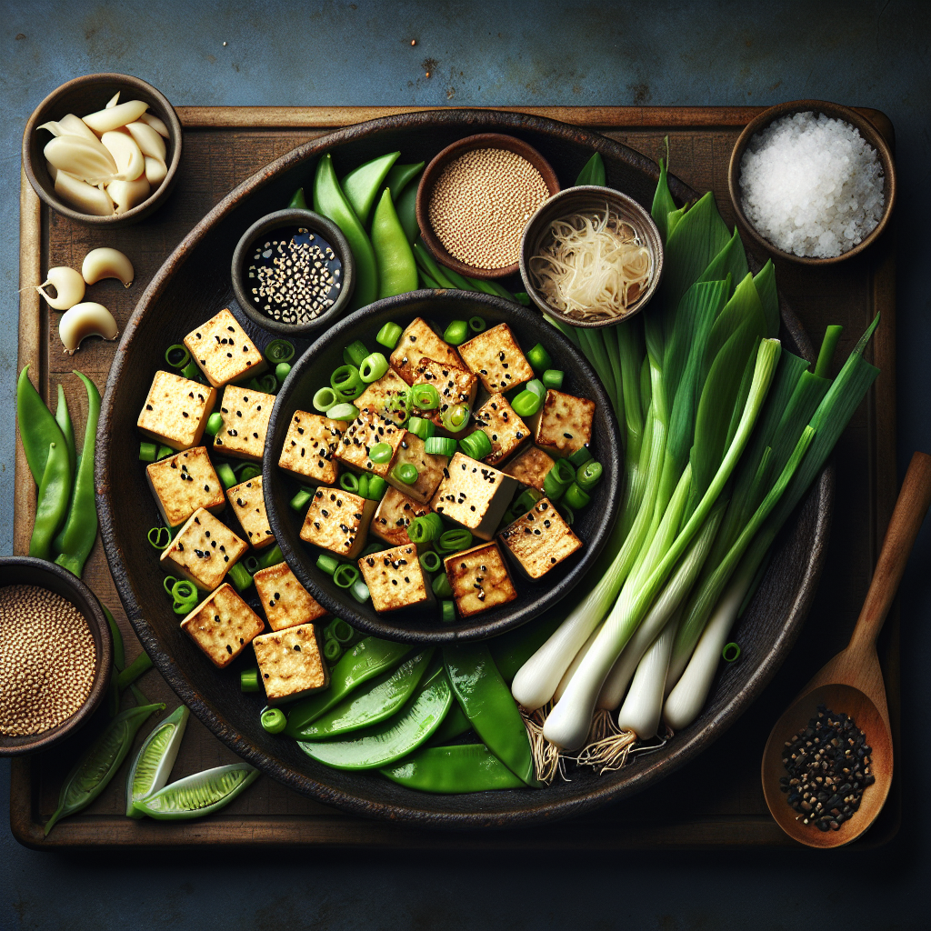 Pan-Seared Ginger-Scallion Tofu with Sesame Snap Pea Stir-Fry (Air-Fryer Vegan Fish-Style)