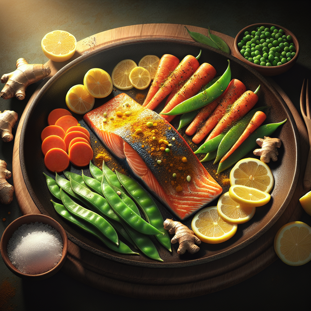 Pan-Seared Ginger-Turmeric Salmon with Roasted Carrot & Snap Peas