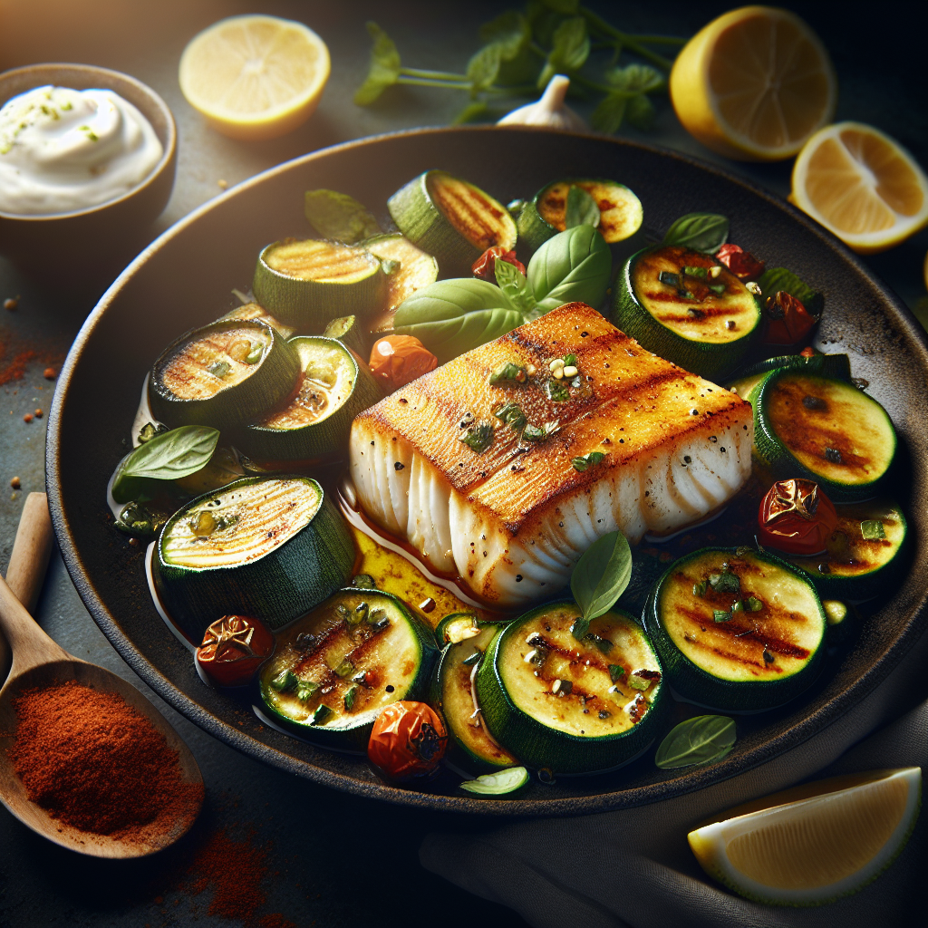 Pan-Seared Harissa Cod with Roasted Zucchini & Mint Yogurt Drizzle