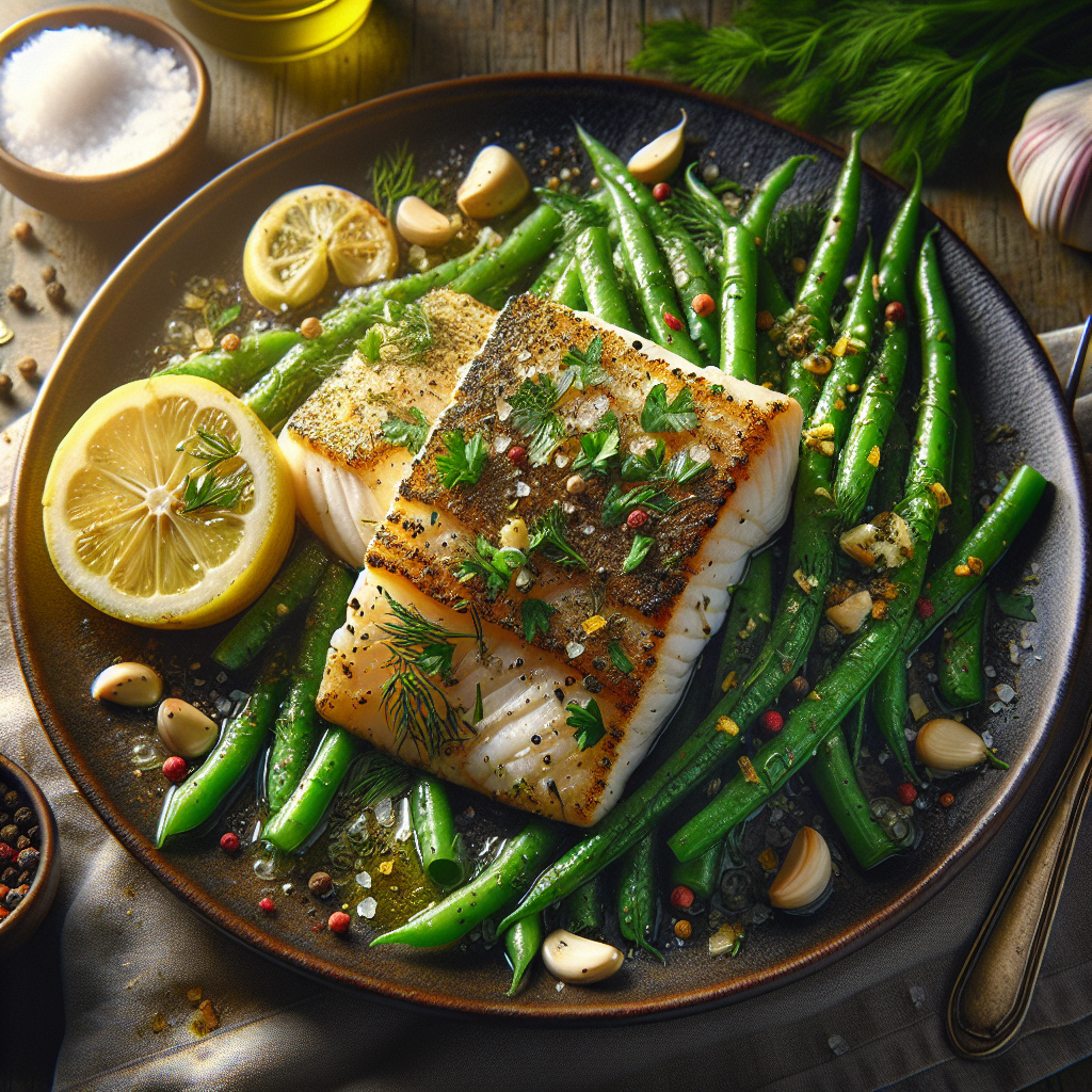 Pan-Seared Herb-Crusted Halibut with Lemon-Garlic Green Beans