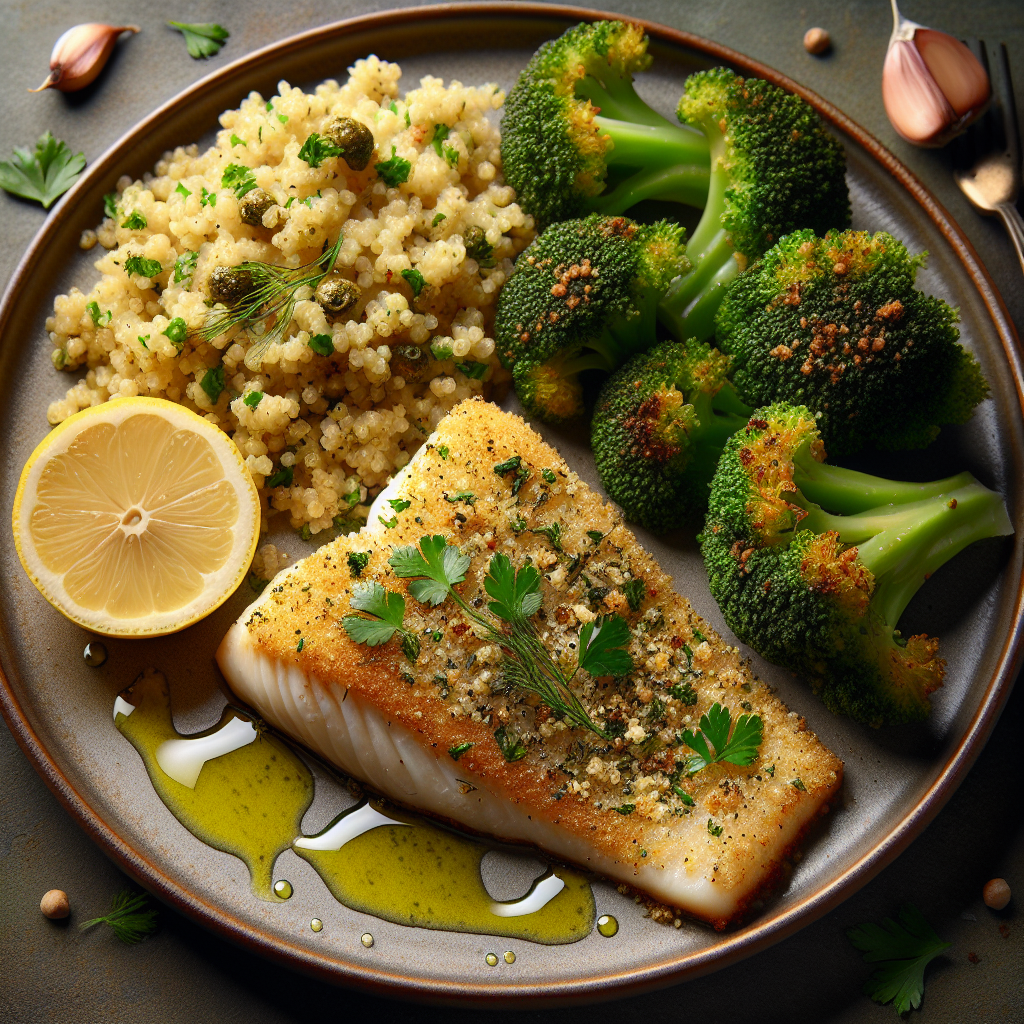Pan-Seared Herb-Crusted Vegan Sole with Lemon-Caper Quinoa & Air-Fried Roasted Broccoli