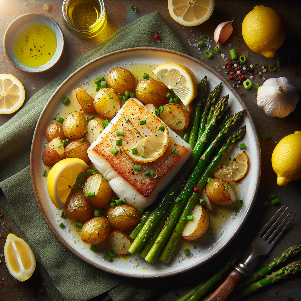 Pan-Seared Lemon-Chive Cod with Roasted Baby Potatoes & Asparagus