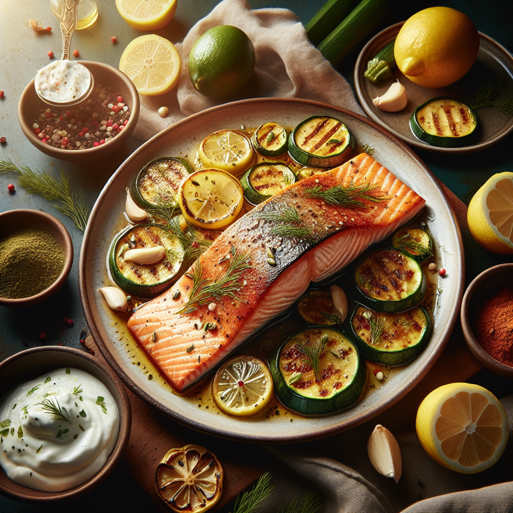 Pan-Seared Lemon-Coriander Salmon with Roasted Zucchini & Dill Yogurt