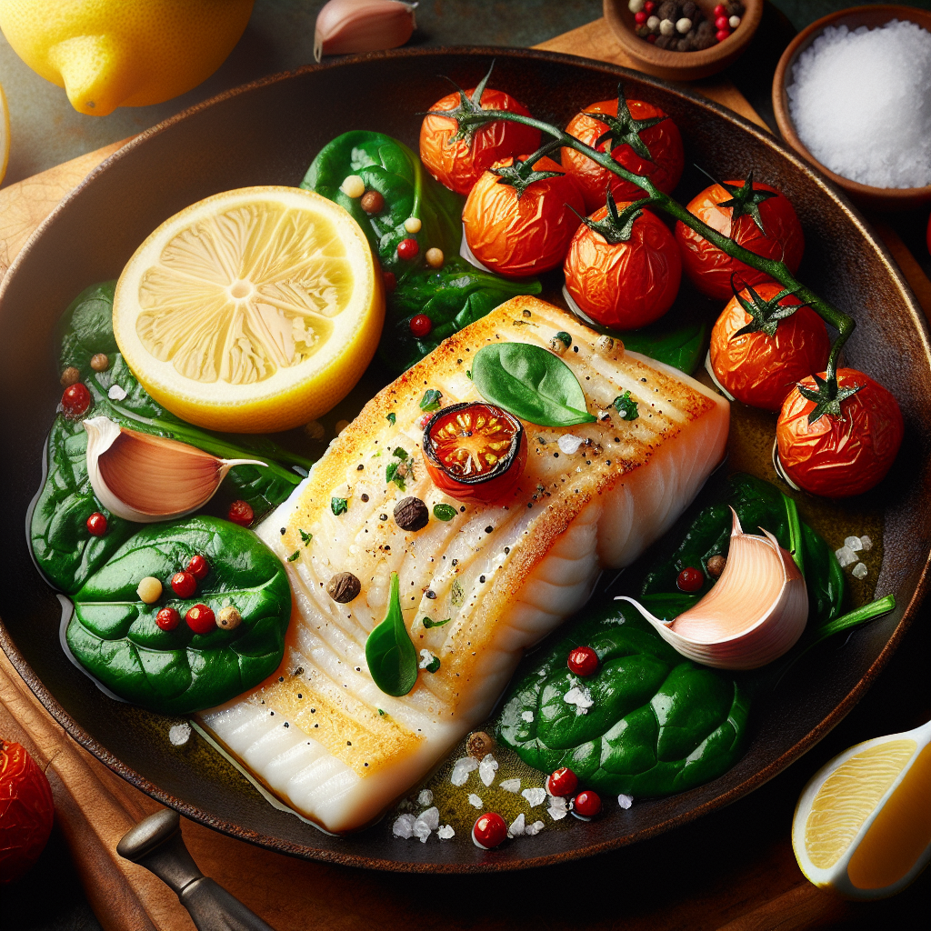 Pan-Seared Lemon-Garlic Haddock with Roasted Cherry Tomatoes & Spinach