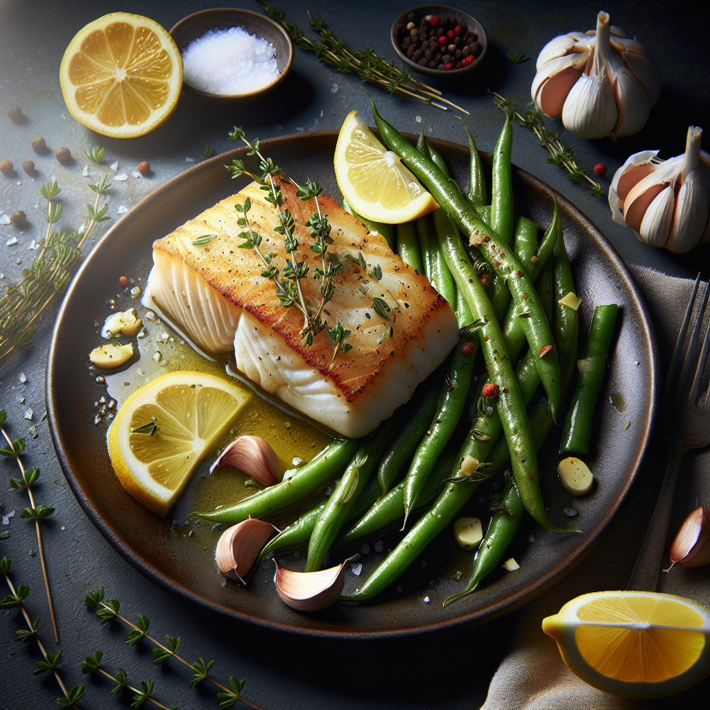 Pan-Seared Lemon-Thyme Cod with Roasted Garlic Green Beans