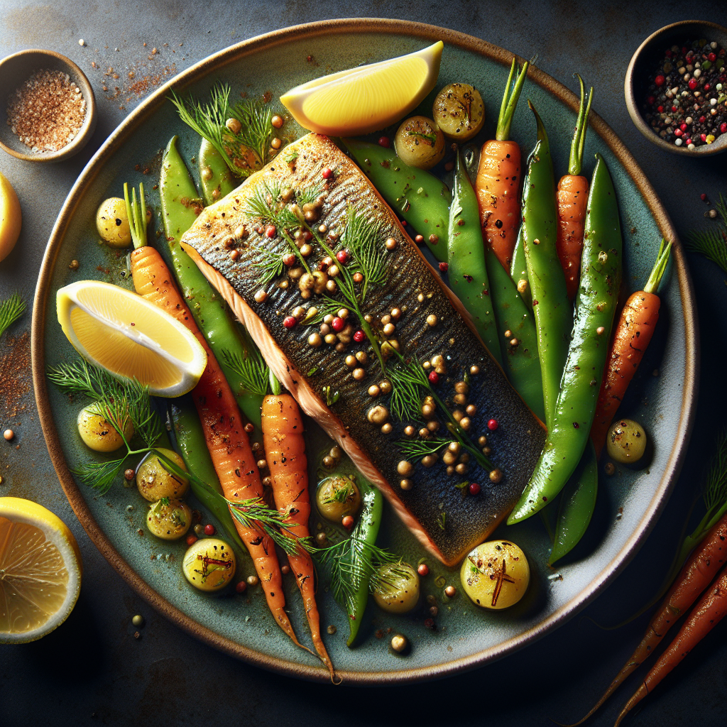 Pan-Seared Mustard-Dill Trout with Roasted Baby Carrots & Snap Peas