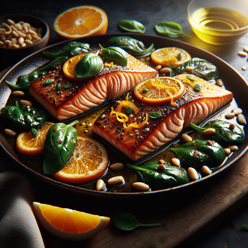 Pan-Seared Orange-Basil Salmon with Sautéed Spinach & Toasted Pine Nuts