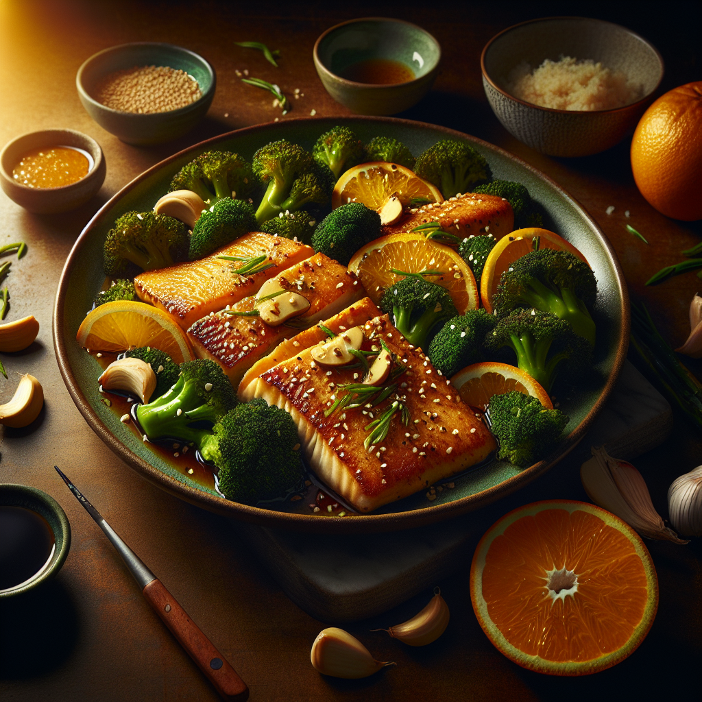 Pan-Seared Orange-Ginger Vegan Fish with Sesame Roasted Broccoli (Air-Fryer Recipe)