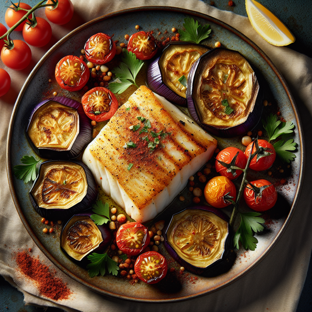 Pan-Seared Paprika Cod with Roasted Eggplant & Tomato Relish