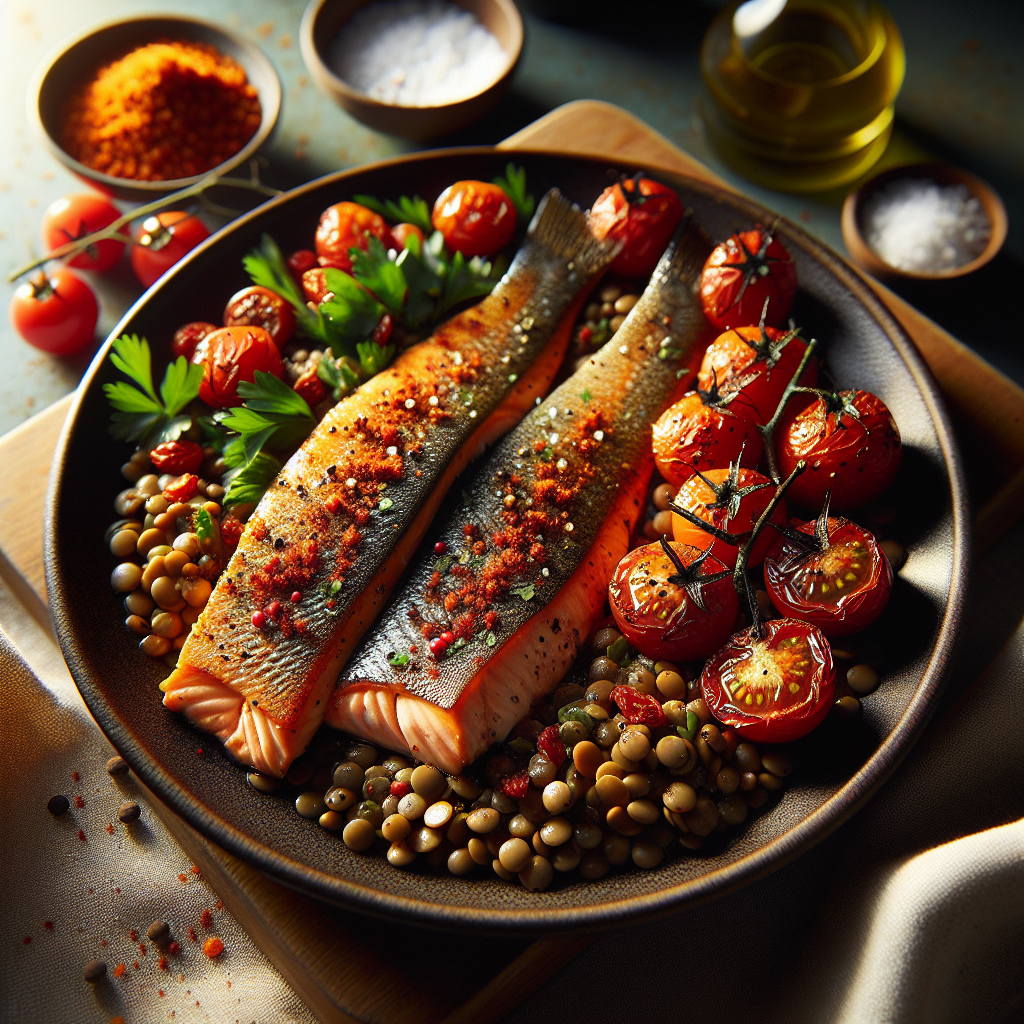 Pan-Seared Paprika Trout with Warm Lentil & Roasted Tomato Salad