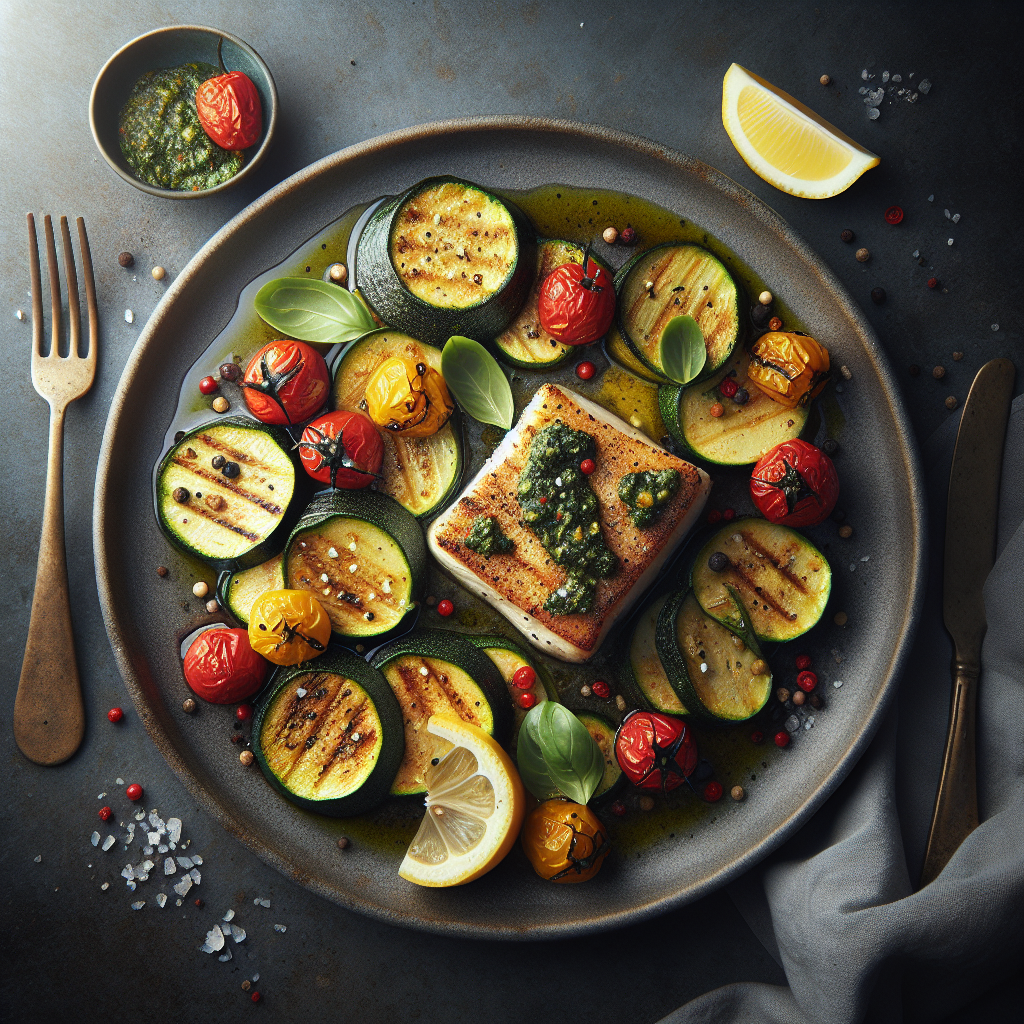 Pan-Seared Pesto-Crusted Cod with Roasted Zucchini & Cherry Peppers (Vegan-Style, Air-Fryer)