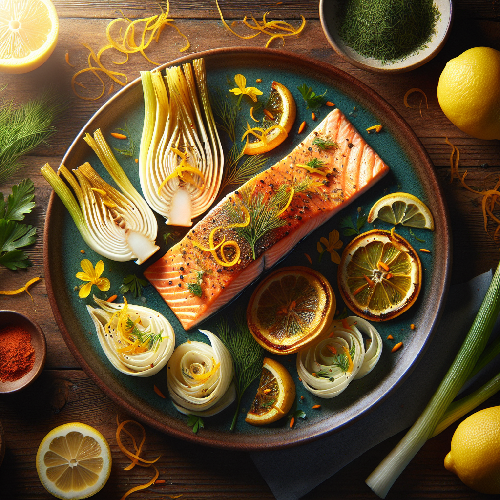 Pan-Seared Saffron Salmon with Roasted Fennel & Citrus Herb Salad